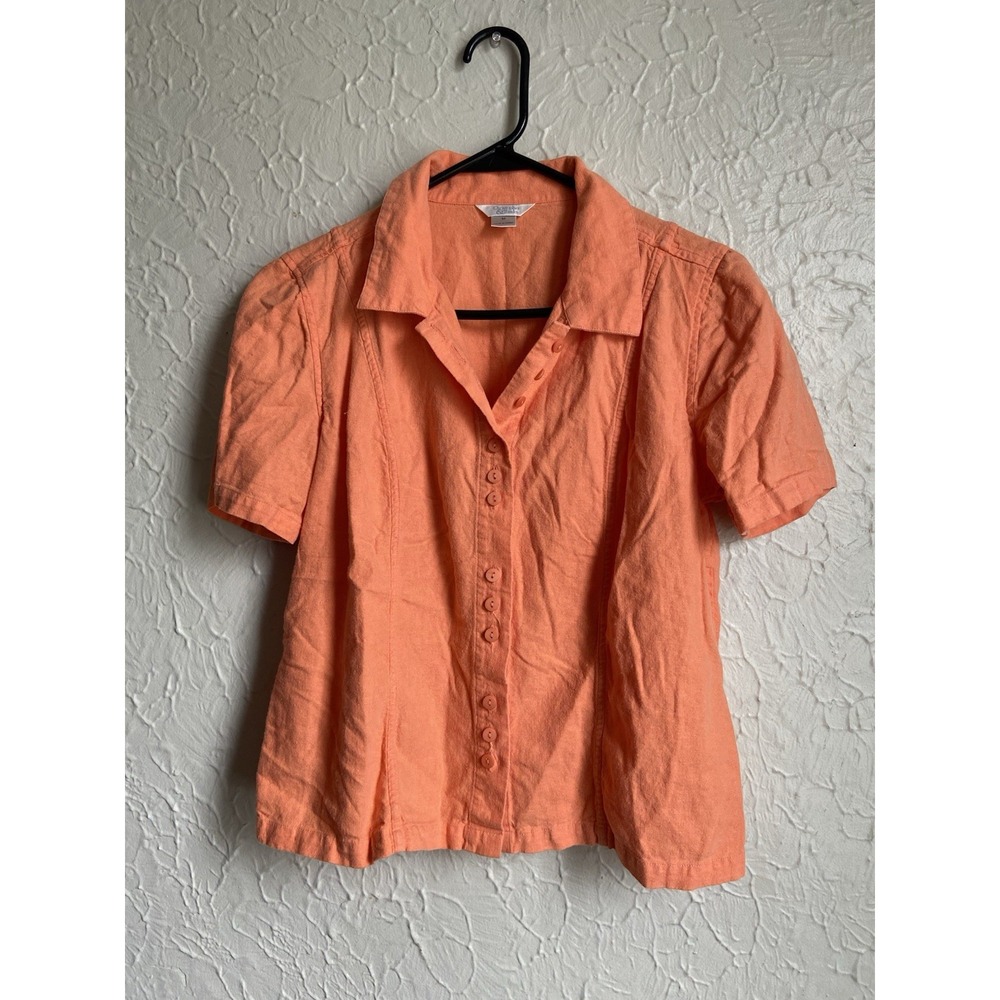 Womens Orange Christopher & Banks Shirt Linen Blend Button Down Short Sleeve M